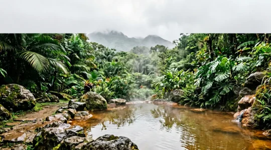 Bassin thermal naturel entouré de végétation tropicale luxuriante en Guadeloupe