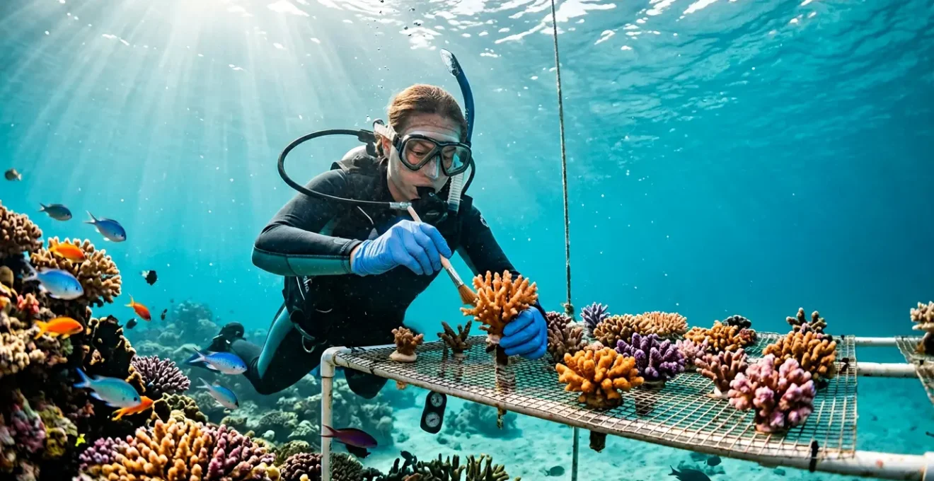 Plongeur participant à la restauration de récifs coralliens dans des eaux tropicales claires