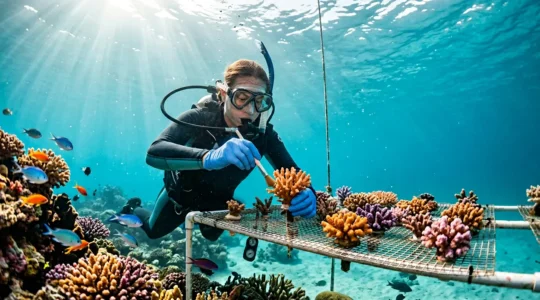 Plongeur participant à la restauration de récifs coralliens dans des eaux tropicales claires