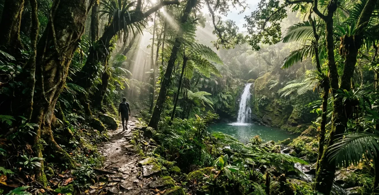 Scène immersive d'exploration d'un site naturel secret en Guadeloupe avec végétation luxuriante et lumière filtrée