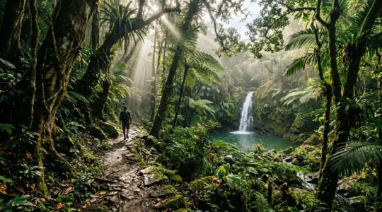 Scène immersive d'exploration d'un site naturel secret en Guadeloupe avec végétation luxuriante et lumière filtrée