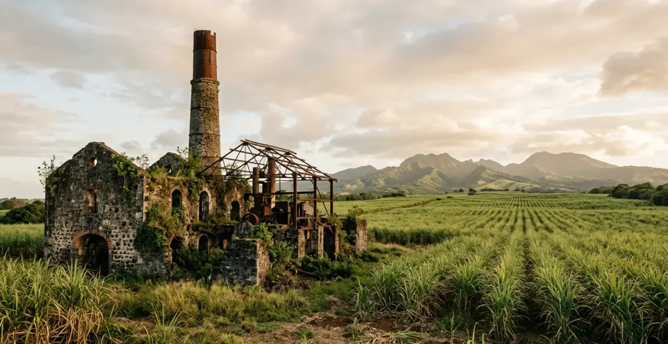 Vue d'une ancienne habitation coloniale en Guadeloupe avec architecture industrielle et paysage de canne à sucre