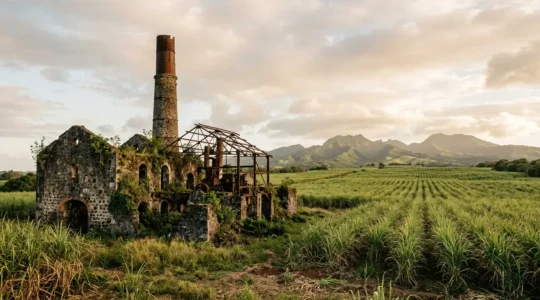 Vue d'une ancienne habitation coloniale en Guadeloupe avec architecture industrielle et paysage de canne à sucre