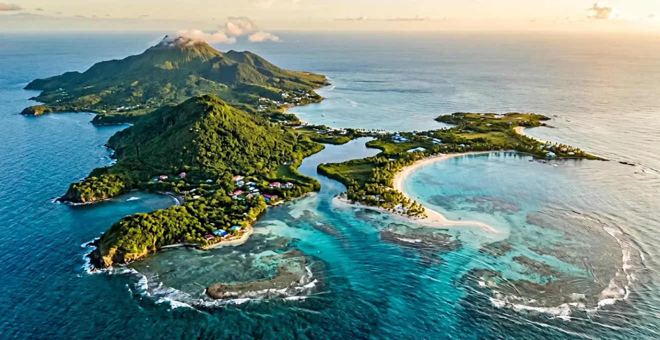 Vue aérienne panoramique de l'archipel de Guadeloupe avec ses deux îles en forme de papillon, plages de sable blanc, eaux turquoise et végétation tropicale luxuriante