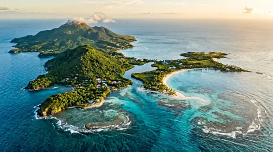 Vue aérienne panoramique de l'archipel de Guadeloupe avec ses deux îles en forme de papillon, plages de sable blanc, eaux turquoise et végétation tropicale luxuriante