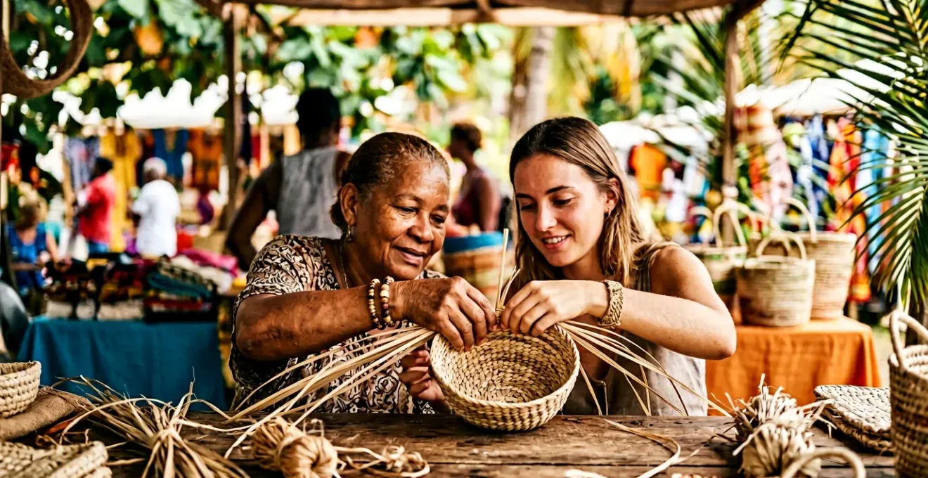 Une scène d'échange authentique entre voyageur et artisan guadeloupéen dans un contexte culturel respectueux