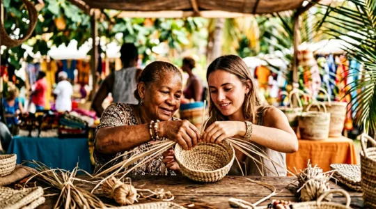 Une scène d'échange authentique entre voyageur et artisan guadeloupéen dans un contexte culturel respectueux