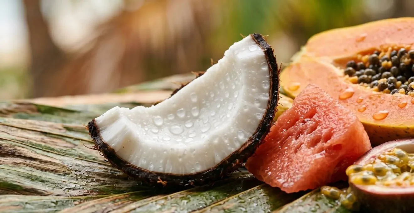 Gros plan macro sur des gouttes d'eau perlant sur la peau d'une noix de coco fraîche entourée de fruits tropicaux gorgés d'eau dans une lumière douce