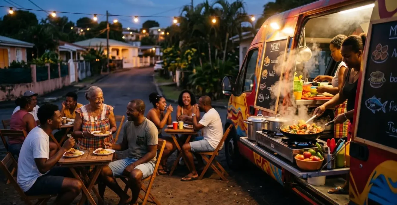 Ambiance chaleureuse d'un food-truck créole local en soirée avec clients guadeloupéens, Grande-Terre