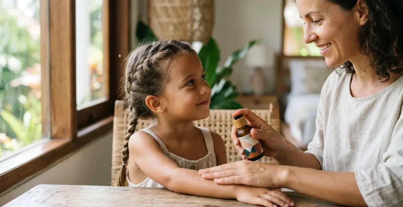 Parent appliquant du répulsif anti-moustiques sur un jeune enfant de manière ludique et rassurante
