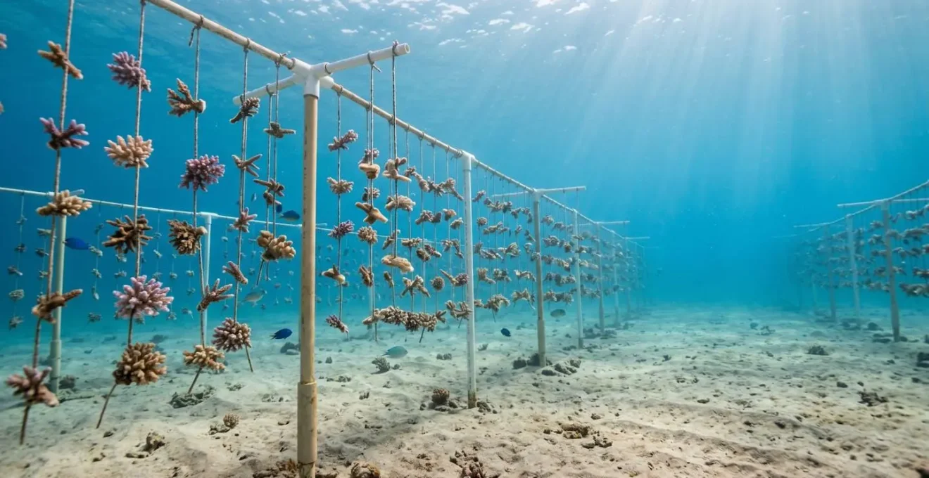 Structure de pépinière marine avec arbres à corail sous l'eau en Guadeloupe