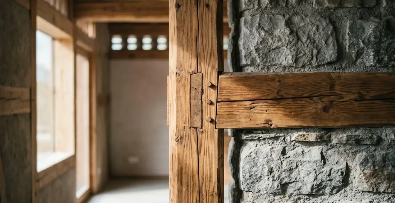 Détail architectural d'un bâtiment bioclimatique en bois local avec système de ventilation naturelle