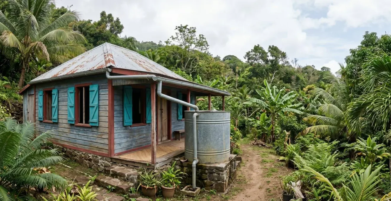 Architecture créole traditionnelle avec système de récupération d'eau en Guadeloupe