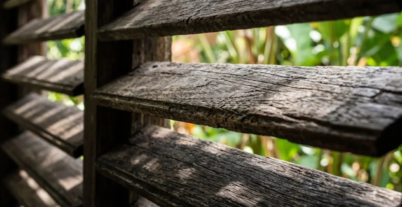 Détail architectural d'une maison créole avec jalousies en bois et galerie ouverte captant les alizés