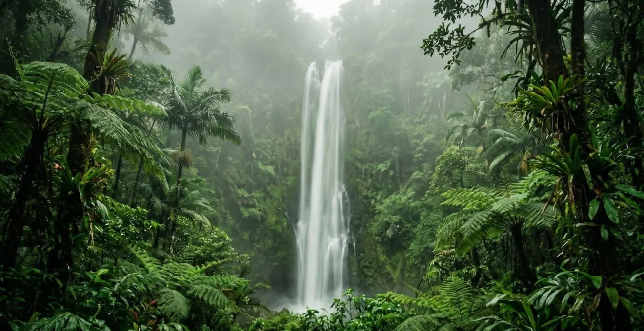 Cascade des Chutes du Carbet émergeant de la brume dans une forêt tropicale luxuriante sous lumière diffuse
