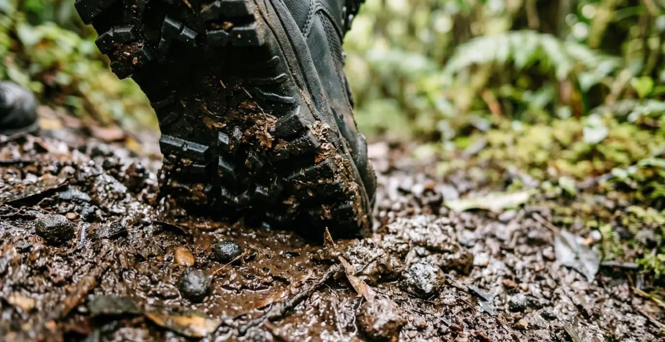 Chaussures de trail sur sentier boueux de forêt tropicale avec texture argileuse volcanique