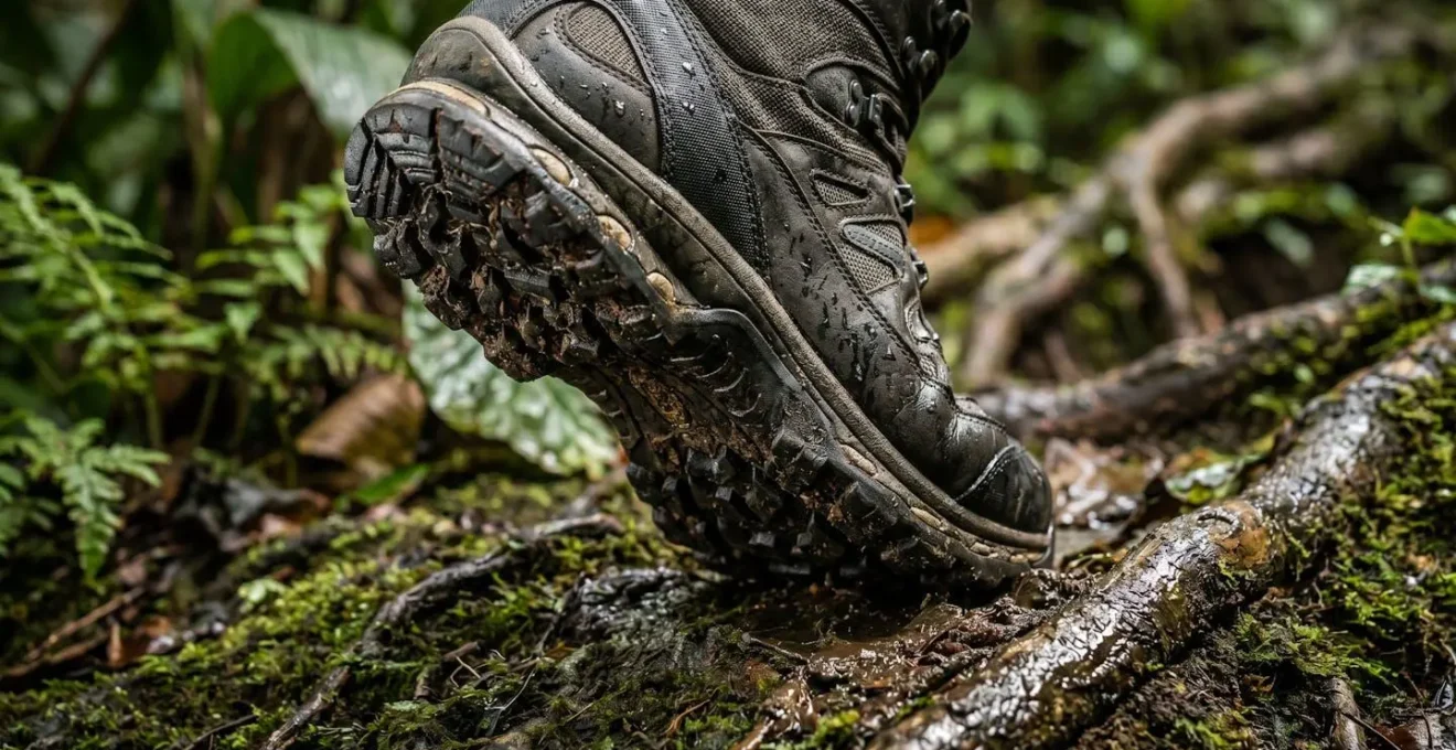 Gros plan sur des chaussures de randonnée techniques accrochant un terrain glissant de forêt tropicale