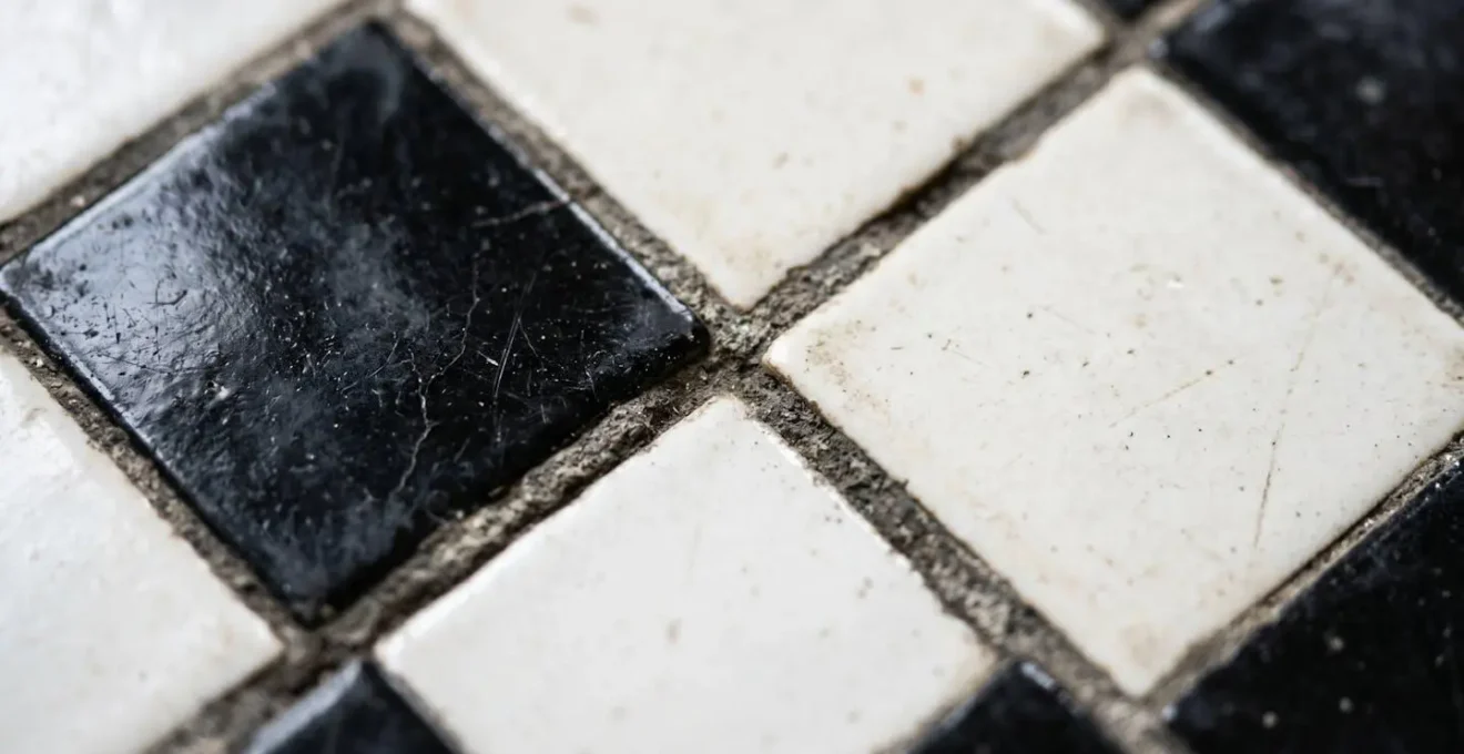 Gros plan sur les motifs géométriques en damier noir et blanc d'une tombe du cimetière de Morne-à-l'Eau en Guadeloupe