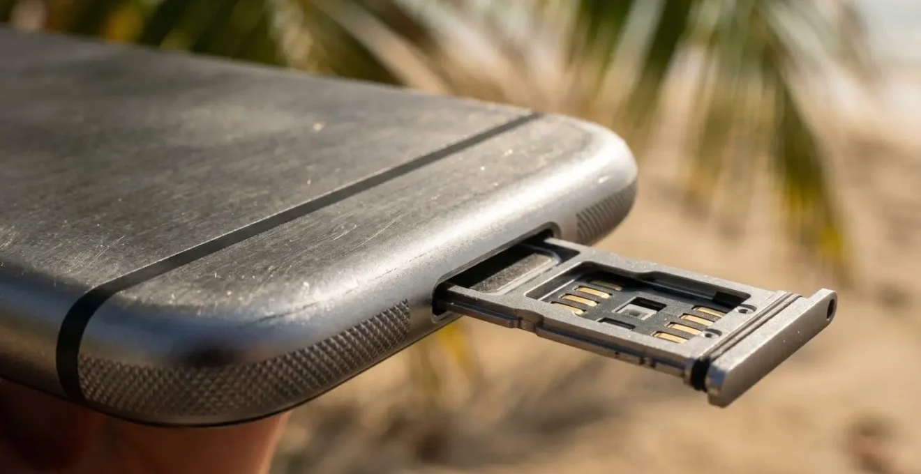 Symboles de connectivité mobile évoquant l'usage d'un smartphone en voyage tropical