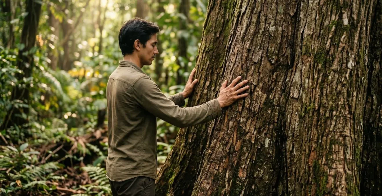 Personne en connexion sensorielle avec un arbre tropical imposant dans la forêt de Guadeloupe, mains sur écorce texturée