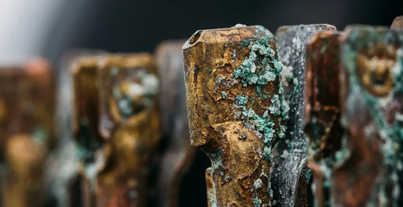 Gros plan macro sur des composants électroniques montrant les effets de la corrosion marine dans un environnement côtier