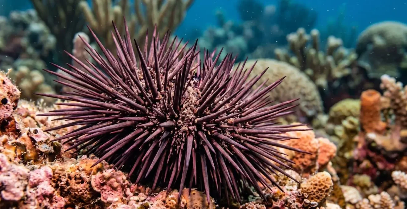 Vue sous-marine des fonds marins tropicaux montrant oursins et coraux nécessitant vigilance et précaution