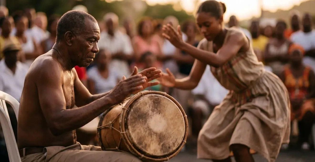 Échange spirituel entre tambourinaire et danseur lors d'une cérémonie de léwoz en Guadeloupe