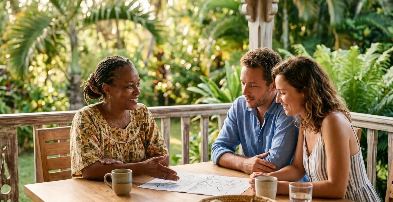 Moment d'échange chaleureux entre hôte et voyageur dans une chambre d'hôte en Guadeloupe