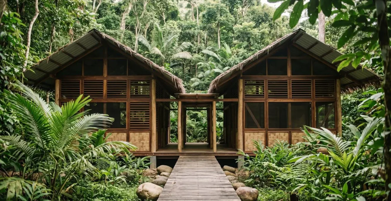 Bungalow en bois écologique intégré dans la végétation tropicale avec architecture créole traditionnelle