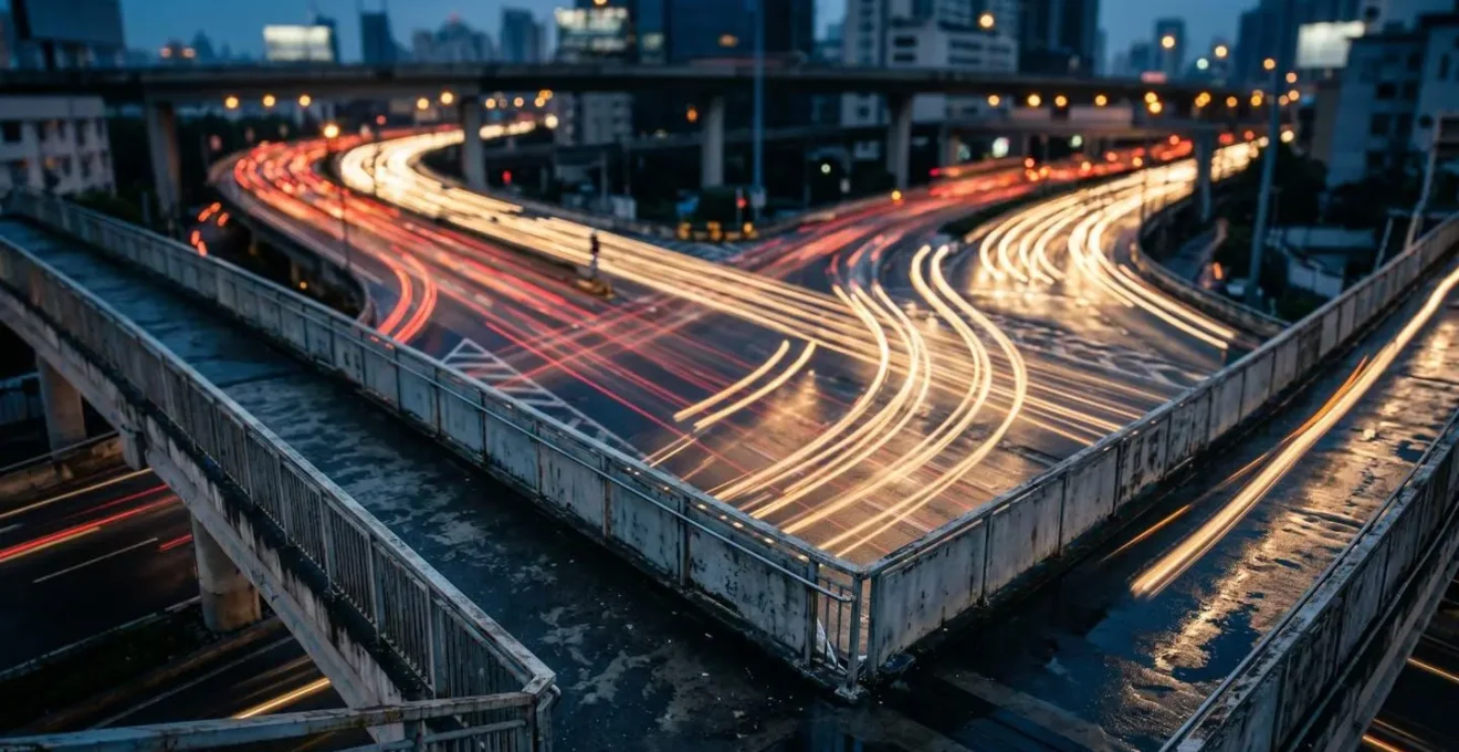 Perspective abstraite de lignes de circulation convergentes évoquant la saturation du trafic aux heures de pointe