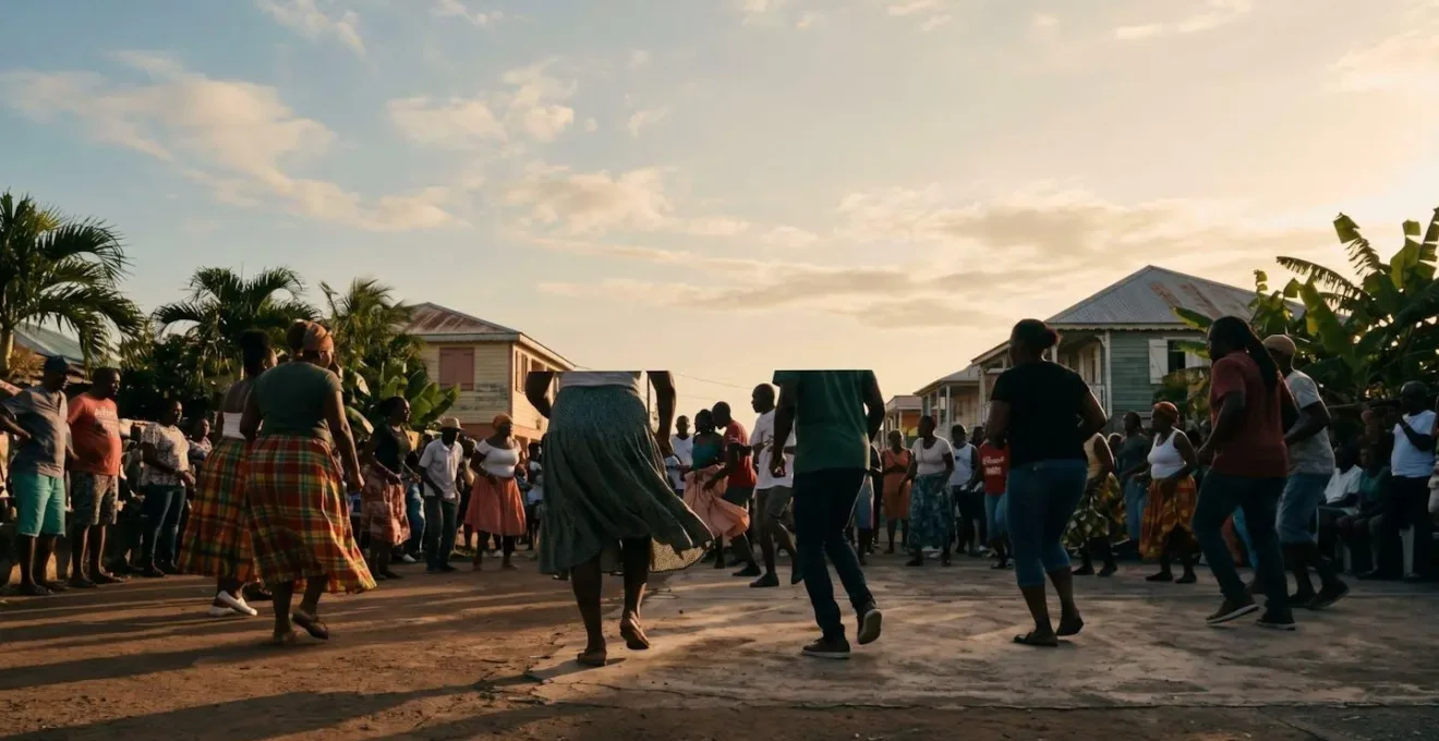 Vue large d'un rassemblement communautaire lors d'une fête culturelle guadeloupéenne avec espace négatif pour mettre en valeur l'atmosphère collective