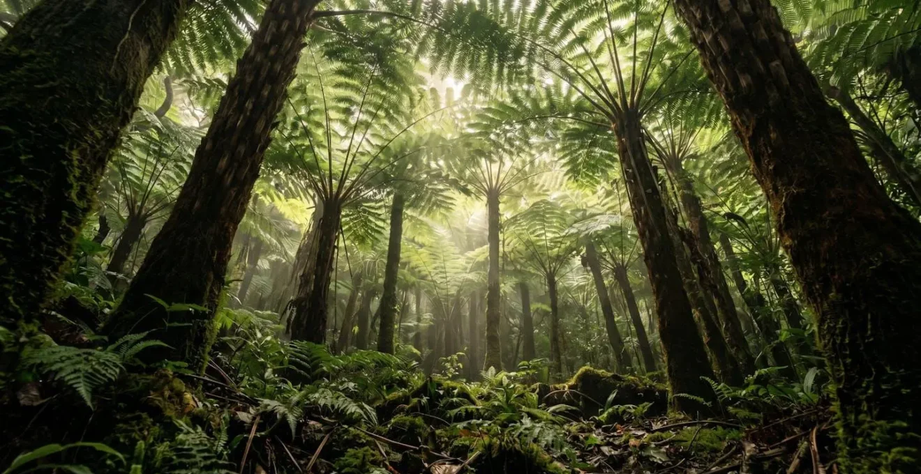 Fougères arborescentes créant une canopée majestueuse dans la forêt humide de Guadeloupe avec filtration lumineuse