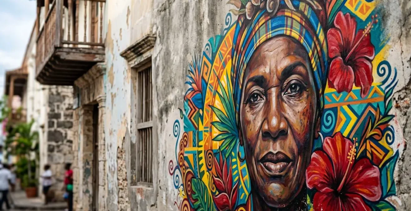 Détail d'une fresque murale colorée à Pointe-à-Pitre exprimant la créolité et l'identité caribéenne contemporaine
