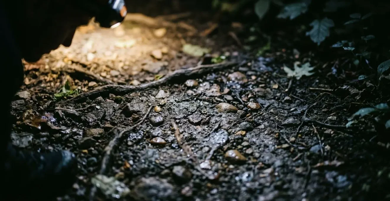 Lampe frontale avec faisceau lumineux large éclairant un sentier forestier dans l'obscurité