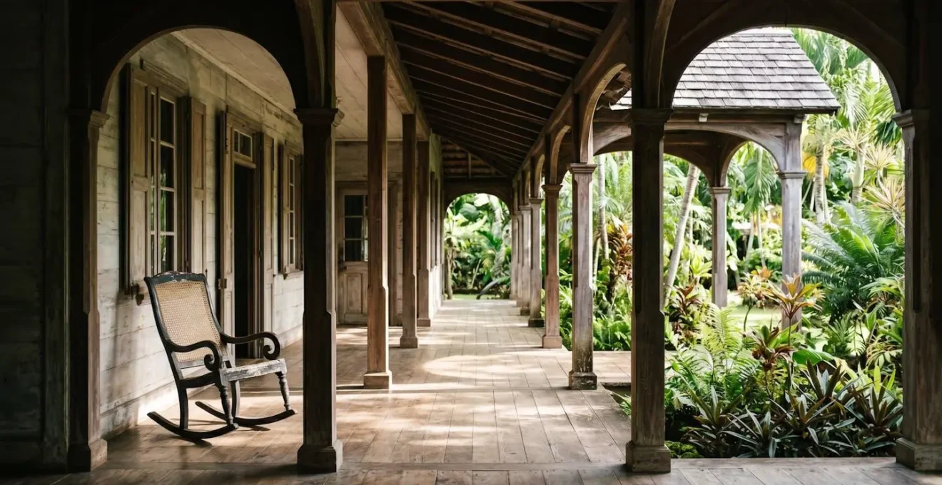 Galerie périphérique d'une case créole de maître avec ses colonnes en bois et son ombre protectrice
