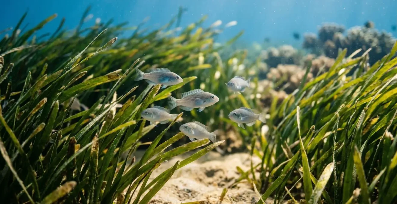 Vue sous-marine d'un herbier marin dense servant de nurserie avec de jeunes poissons nageant entre les feuilles