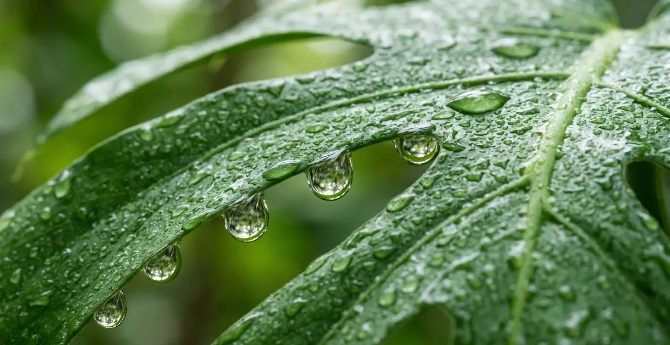 Gouttelettes d'eau sur végétation tropicale luxuriante illustrant l'hygrométrie élevée en forêt de Guadeloupe