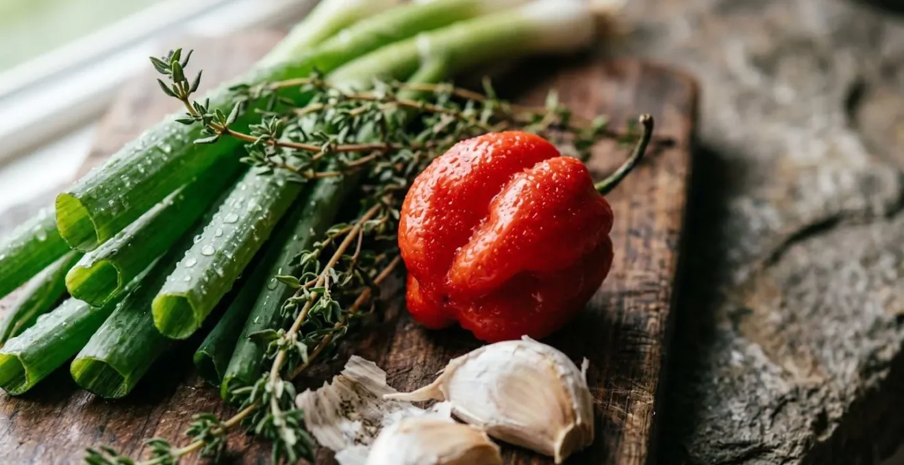 Composition d'ingrédients frais et d'épices traditionnels de la cuisine créole guadeloupéenne