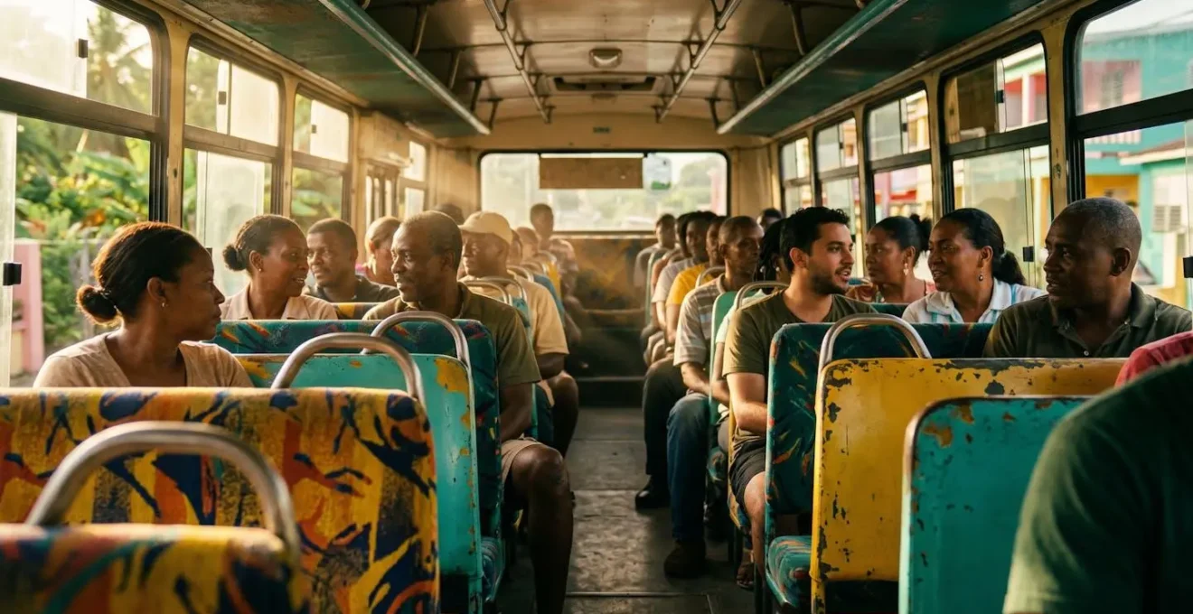 Intérieur d'un bus de transport public en Guadeloupe avec des passagers assis et une ambiance conviviale typique