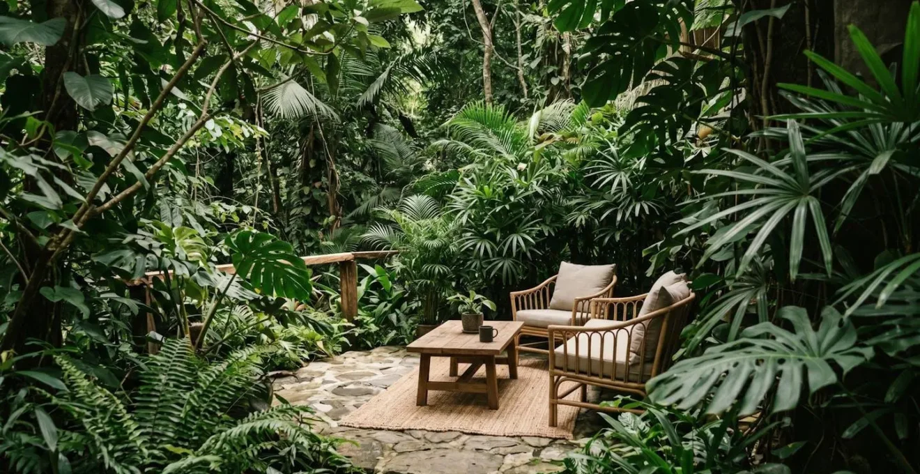 Terrasse privée isolée entourée de végétation luxuriante pour un séjour romantique
