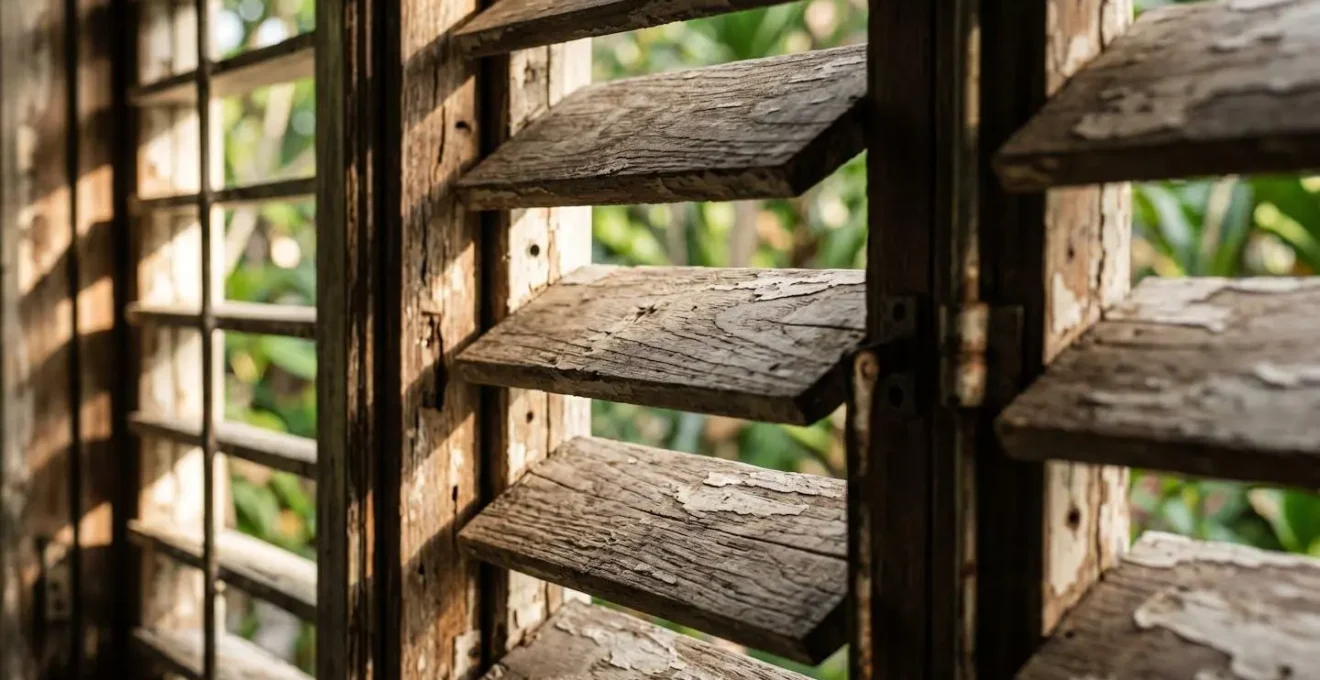 Gros plan sur des jalousies créoles en bois aux lamelles orientables filtrant la lumière naturelle