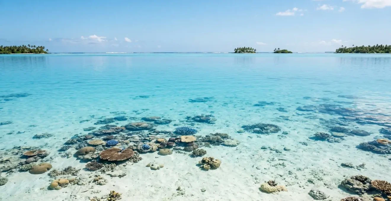Lagon aux eaux parfaitement transparentes sous le soleil au zénith révélant les fonds marins sans masque