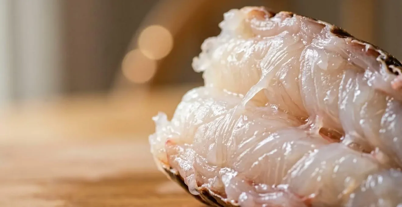 Gros plan macro sur la texture nacrée et ferme d'une langouste fraîche des Antilles