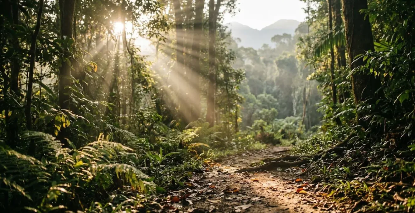 Lumière dorée du matin filtrant à travers la canopée d'une forêt tropicale sur un sentier de randonnée