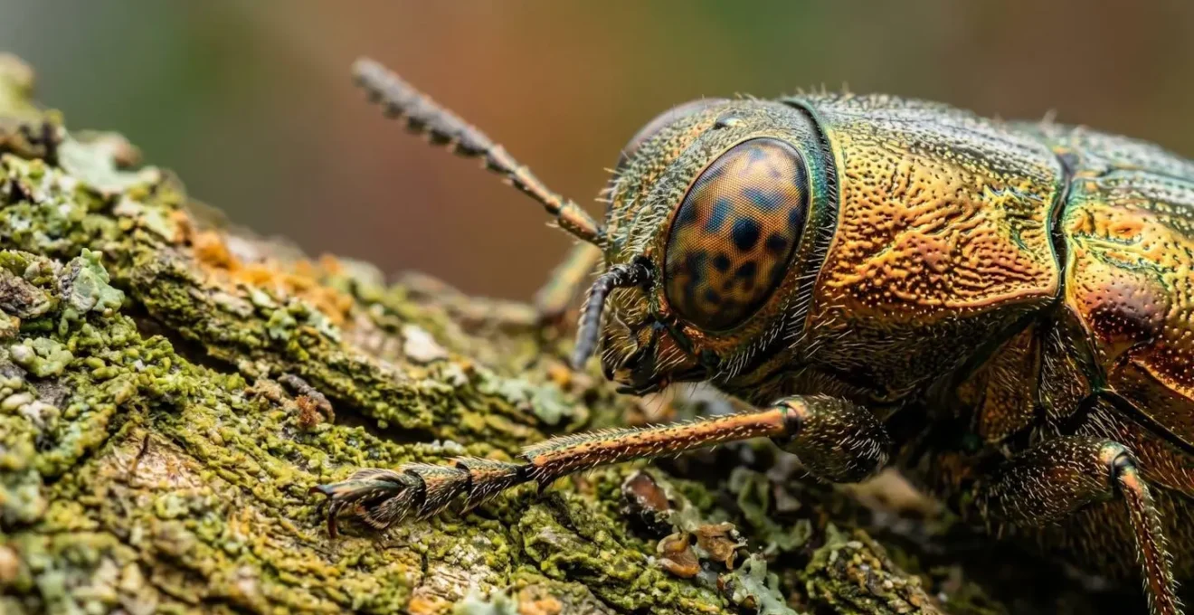 Détail macro extrême de la texture et des motifs d'un coléoptère tropical sur écorce