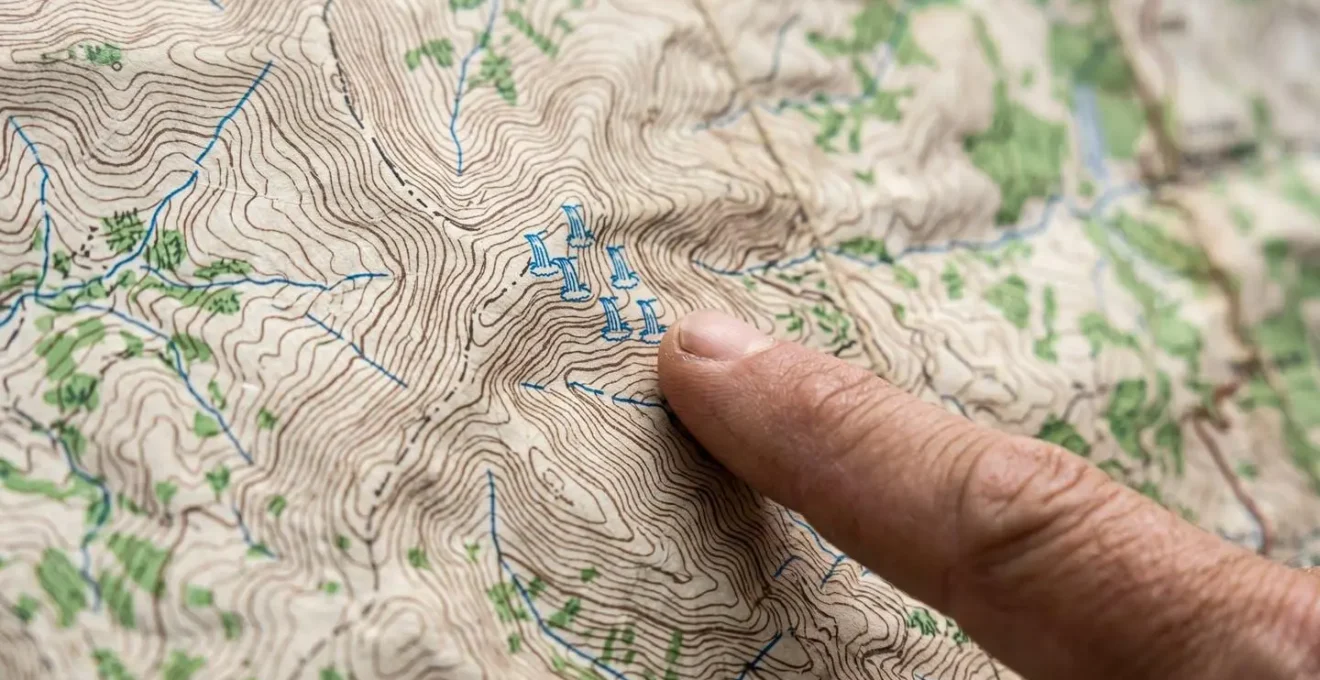 Détail macro d'une carte topographique IGN de Guadeloupe avec symboles de cascades et ravines