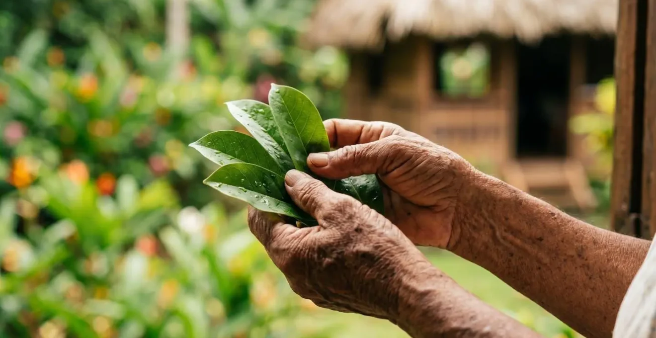 Gros plan sur des mains tenant délicatement une plante médicinale fraîchement cueillie dans un jardin créole traditionnel
