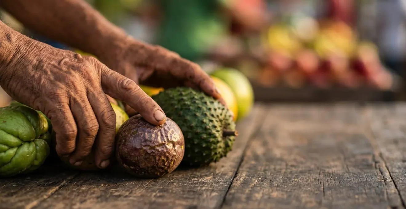 Gros plan sur les mains d'un producteur présentant des fruits tropicaux colorés sur un étal de marché guadeloupéen