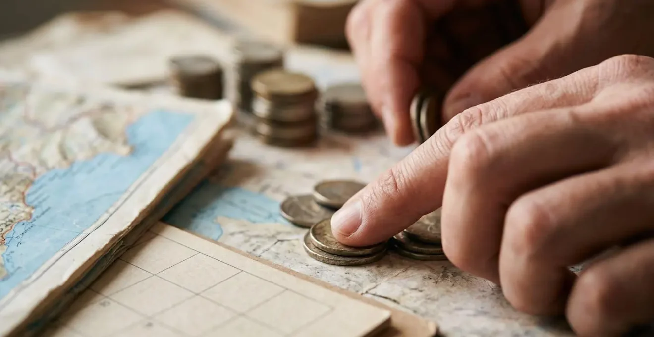 Gros plan macro sur des mains calculant un budget de voyage avec des éléments évocateurs de planification multi-destinations