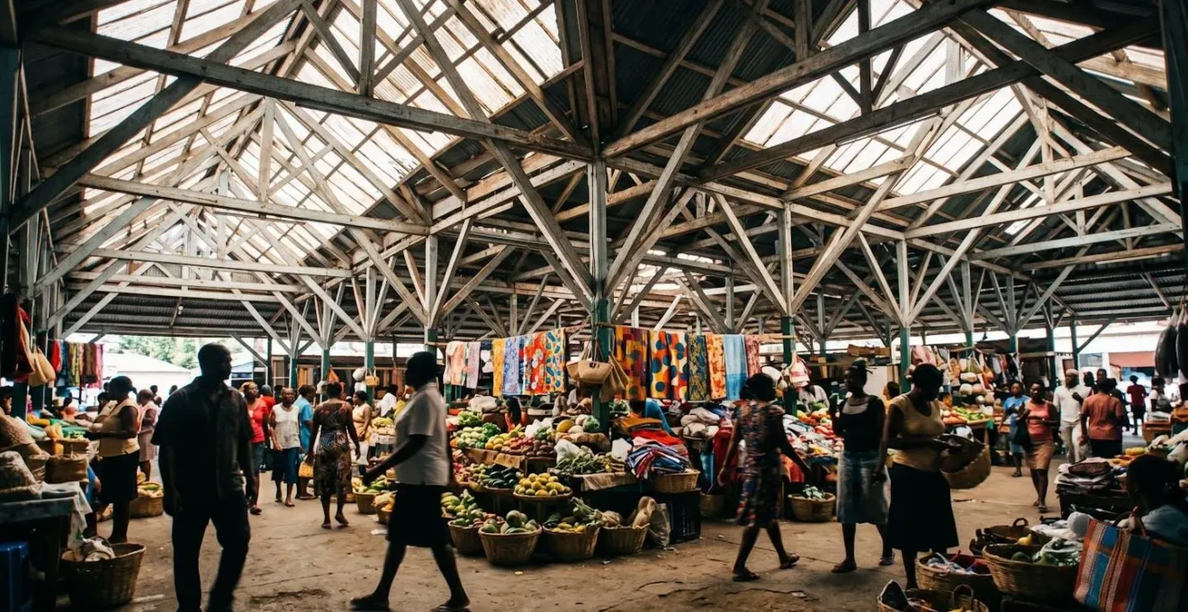 Espace public semi-couvert d'un marché antillais avec sa structure métallique et son animation sociale